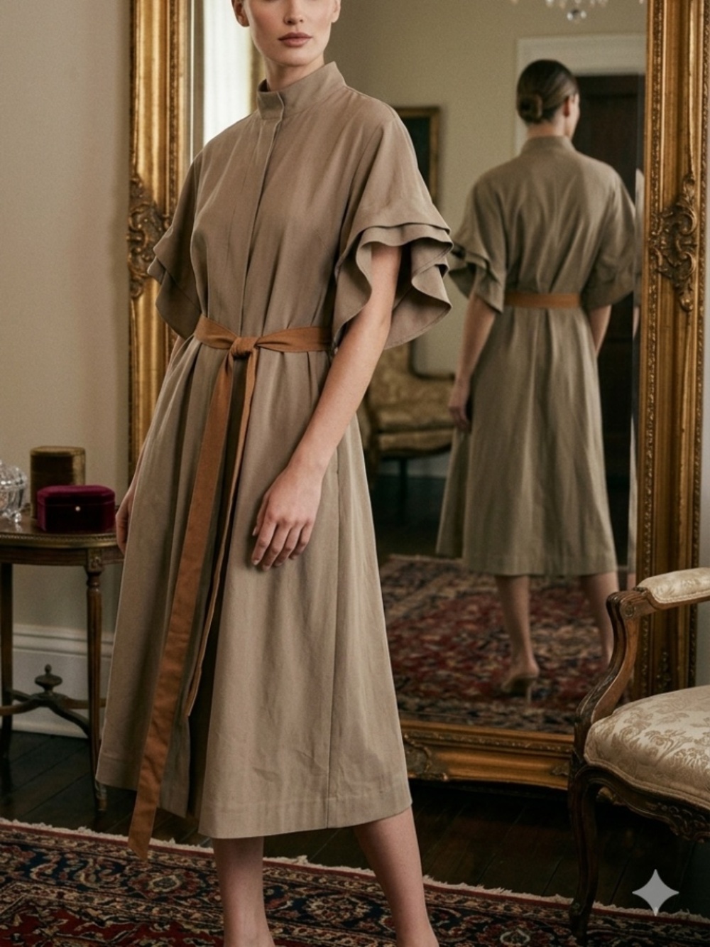 el.story Beige Belted Midi Dress Size M